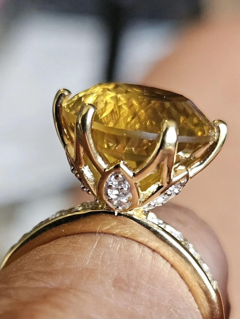 Millennium Cut Brazilian Citrine White Zircon Ring Vermeil Yellow Gold Over Ster